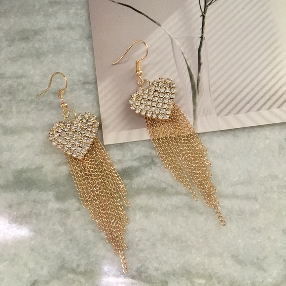 Rhinestone Hearts Tassel Cascade Gold Earrings - Picture 2 of 4